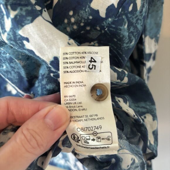 Pilcro Anthropologie Blue Floral Batik Crop Button Up Blouse Ruffles Sz Medium - Picture 7 of 11